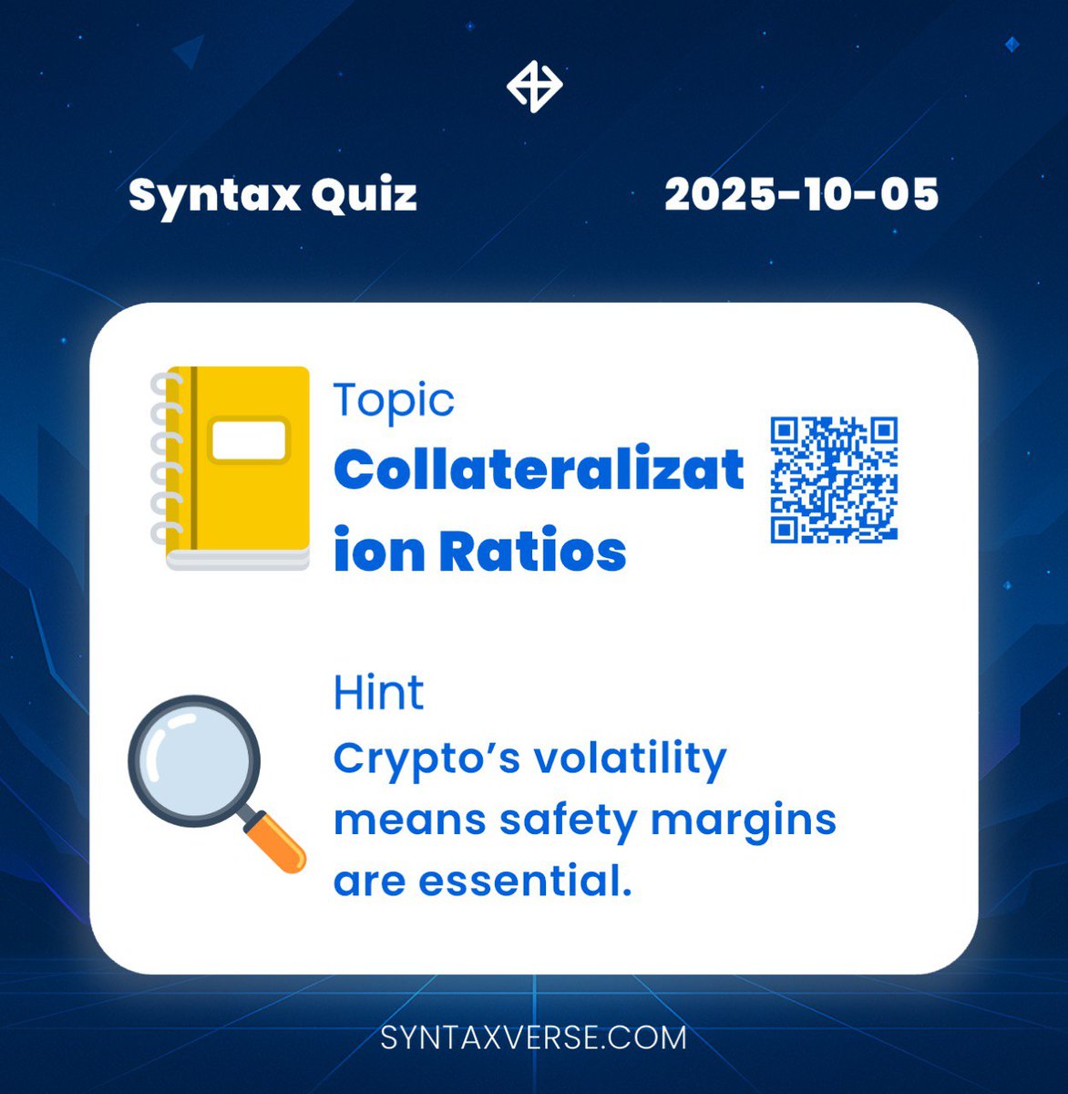 SyntaxVerse's tweet image. DAILY QUIZ ANSWER
    
📆 Date: 5th October 2025
📚 Topic: Collateralization Ratios 

🗝 Hint: Crypto’s volatility means safety margins are essential.

Got the answer❓💭
Don’t keep it to yourself, drop it in the comments and help someone out! 

Let’s turn learning into a team…