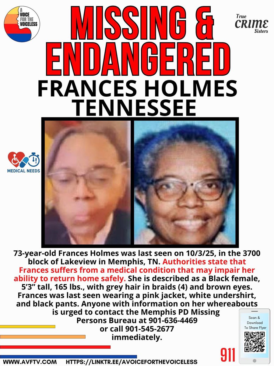 AwarenessTCS's tweet image. 🚨 MISSING ENDANGERED ADULT 💔 MEMPHIS, TENNESSEE 🚨 Authorities say Frances suffers from a medical condition that may impair her ability to return home safely.💔

The Memphis Police Department is asking for the public’s help in locating 73-year-old Frances Holmes, who was last…