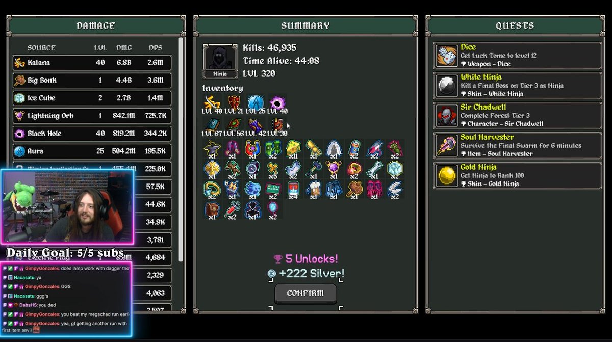 Top 5% Megabonk player. My first item was a random Anvil, so we just rolled the standard Ninja build.

Weapons: Katana, Aegis, Aura, Blackhole
Tomes: XP, Luck, Attack Speed, and Crit. Size is probably better than AS.

More Megabonk content coming.