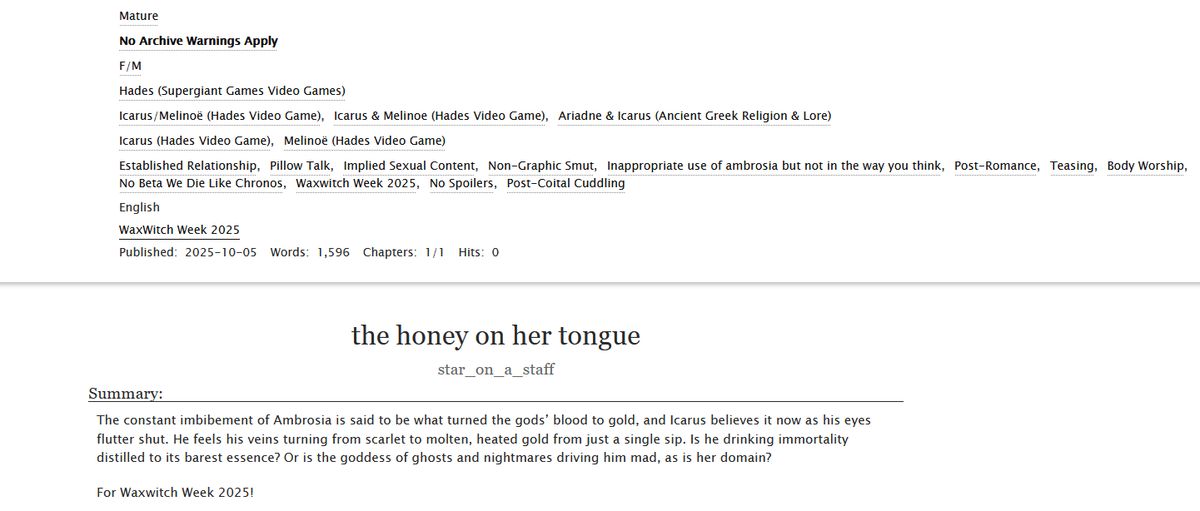 mirroraire's tweet photo. "the honey on her tongue," my last minute entry for #waxwitchweek, is up! In which Icarus and Melinoë enjoy a bottle of Ambrosia :P 

#waxwitch #ao3 #Hades2 https://t.co/YJWY5RBQLV