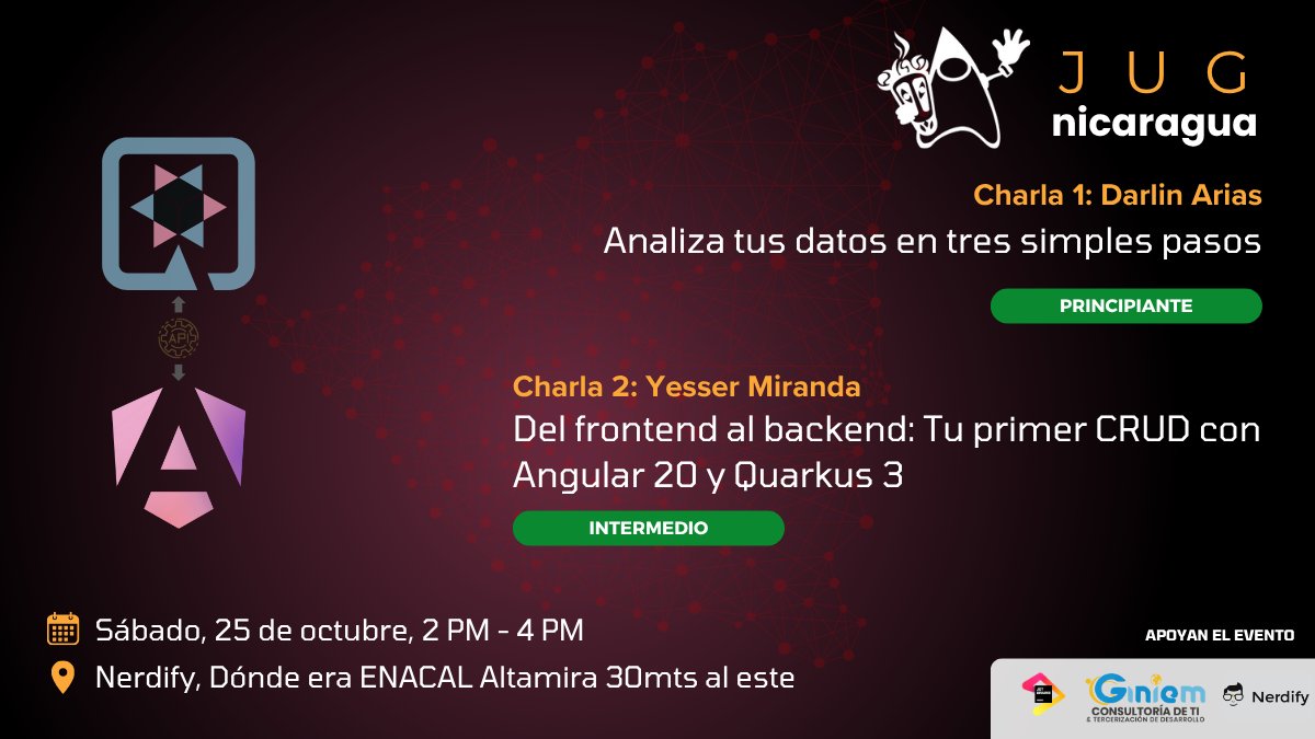 jugnicaragua's tweet image. Tenemos evento para Octubre relacionado a Angular, Quarkus y tus datos en una sola conversación

Charlas: 
➡️ Analiza tus datos en tres simples pasos
➡️ CRUD con Angular 20 + Quarkus 3

📅 25 de octubre | 🕑 2:00 p.m. | 📍Nerdify 

#Angular #Quarkus #DevCommunity #Java #Jug