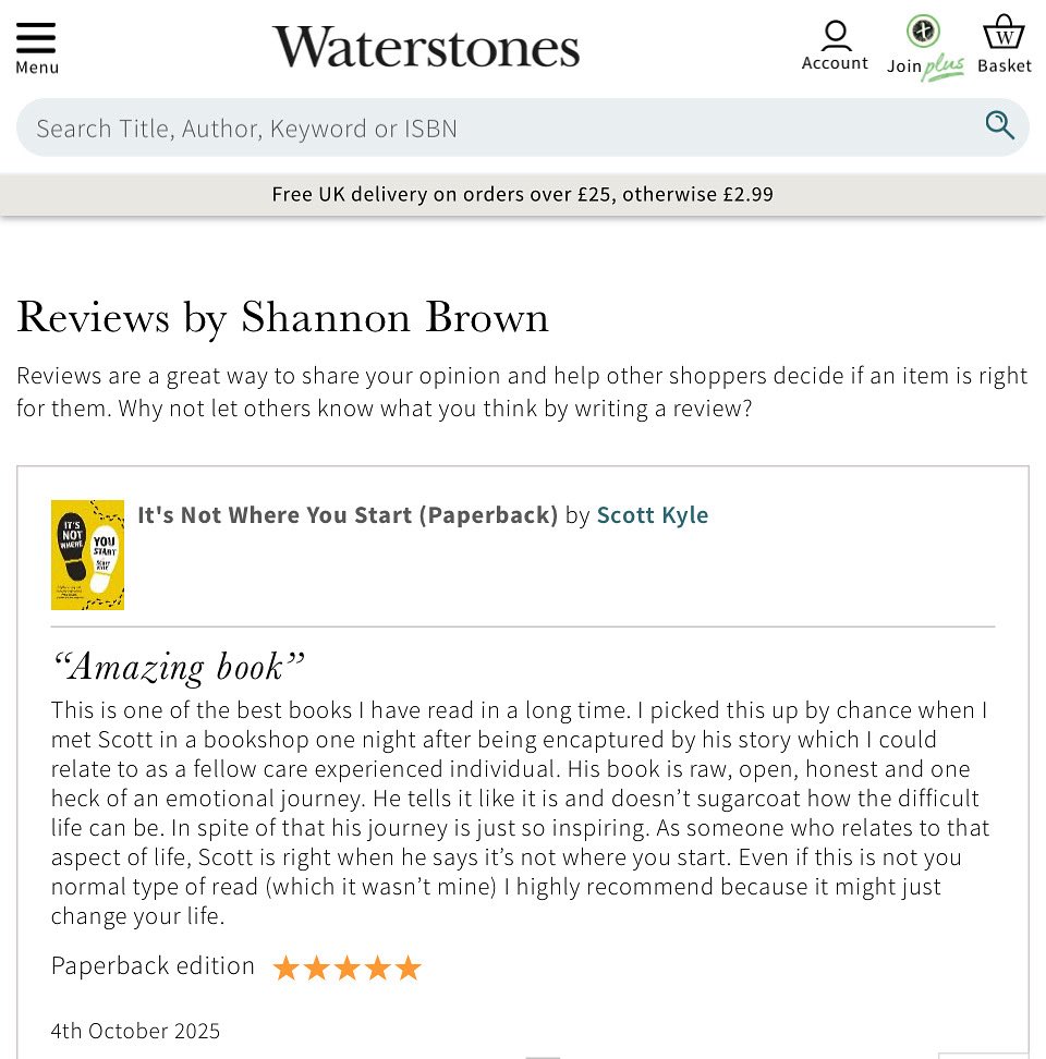INWYSBook's tweet image. Met Shannon in a bookshop while signing ✍️ copies of It’s Not Where You Start 📖 — and she later left this beautiful ⭐️⭐️⭐️⭐️⭐️ review on Waterstones!

Thank you, Shannon 🙏 Your words mean so much.

Grab your copy &amp;amp; be inspired 💛
#ItsNotWhereYouStart #ScottKyle