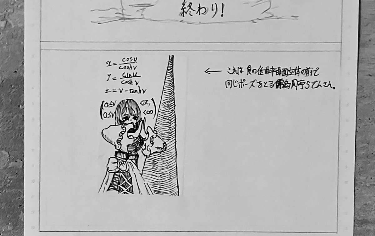 これは負のの定曲率曲面立体の前で同じポーズをとる儒烏風亭らでんさんのファンアートです。