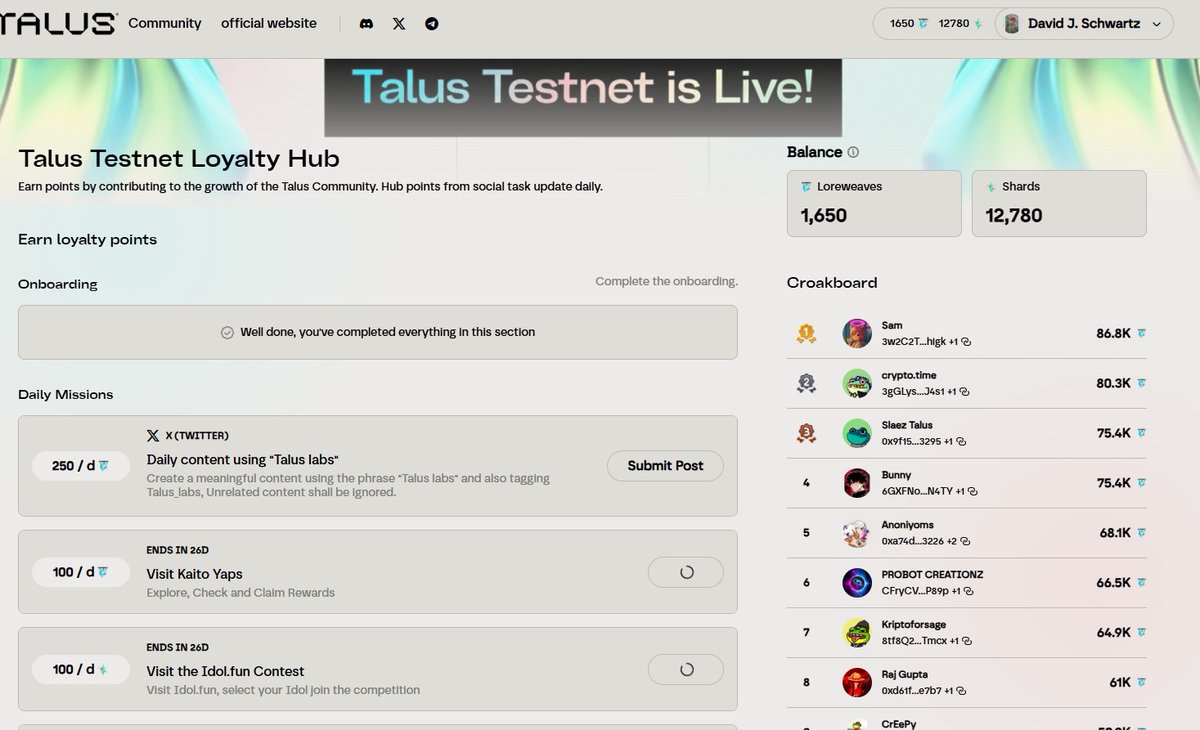 Talus labs
📷
Earn points by contributing to the growth of the Talus Community. Hub points from social task update daily.Talus Testnet Loyalty Hub

Earn loyalty points
Link: hub.talus.network/loyalty
<a href="/TalusNetwork/">Talus 🐸</a> #talusnetwork