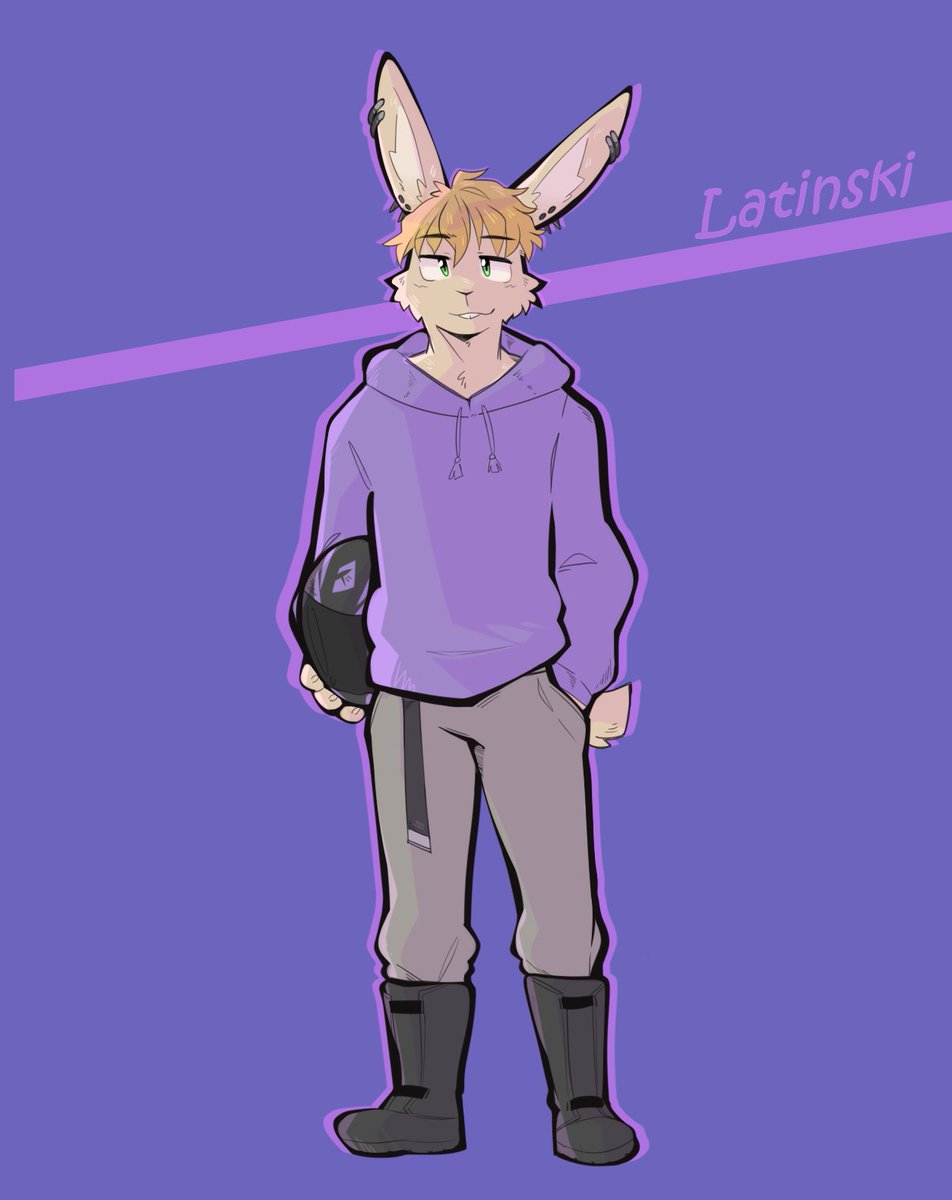 Thankyou Sr <a href="/snow_kun/">tohfu.bsky.social🐺</a> VERY slay art trade, I've been in this community for nearly a decade and I've never had a sona, now behold! Latinski,  hes a purble, blonde, hoe-ass bunny-boy. just... like... me 😏 I'm so happy im gonna!-