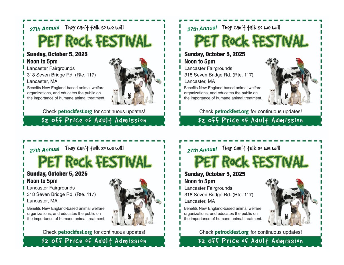 HUGE savings for Pet Rock Festival! Sun Oct 5💰
Enjoy the beautiful fall weather &amp; visit the B.O.N.E.S. team at Pet Rock! 🐾 This is the largest animal welfare event in NE, raising awareness for our rescue #beagles. Don't pay full price! Use the attached coupons! #dogsofX