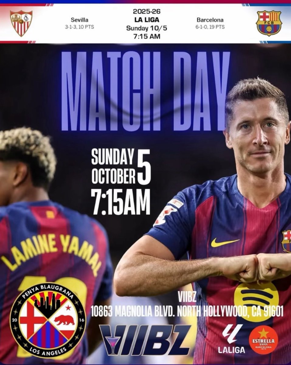 ☀️ See you guys tomorrow bright and early. 🥱 

Barça is visiting Sevilla looking to keep their LaLiga lead and gain 3 more points!

Kickoff 7:15am. 
@viibzla will have breakfast ready for us.

Visça el Barca!!💪🏽