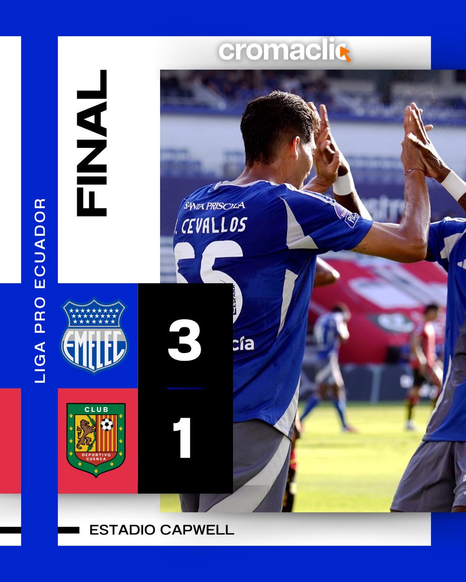 Cromaclic1's tweet photo. ¡BUEN ARRANQUE AZUL! 🔵⚡️
#Emelec derrotó 3-1 a #DCuenca en el inicio del Hexagonal por un cupo a la #Sudamerican
#EME: José F.. Cevallos, Maicon Solís y Juan Pablo Ruiz Gómez .
#DCUE: Lucas Mancinelli
#LigaEcuabet #LigaPro #Capwell https://t.co/mlgjQhuWbv