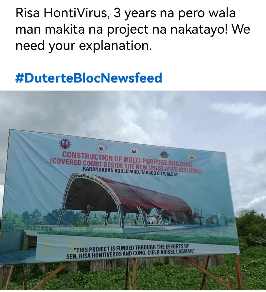 O ayan resibo, nkaprint sa tarpaulin ang pangalan mo Risa Hontiveros, mag 3 years na, yang tarpaulin pa rin ang nakatayo, hindi ba maliwanag na ghost project yan?