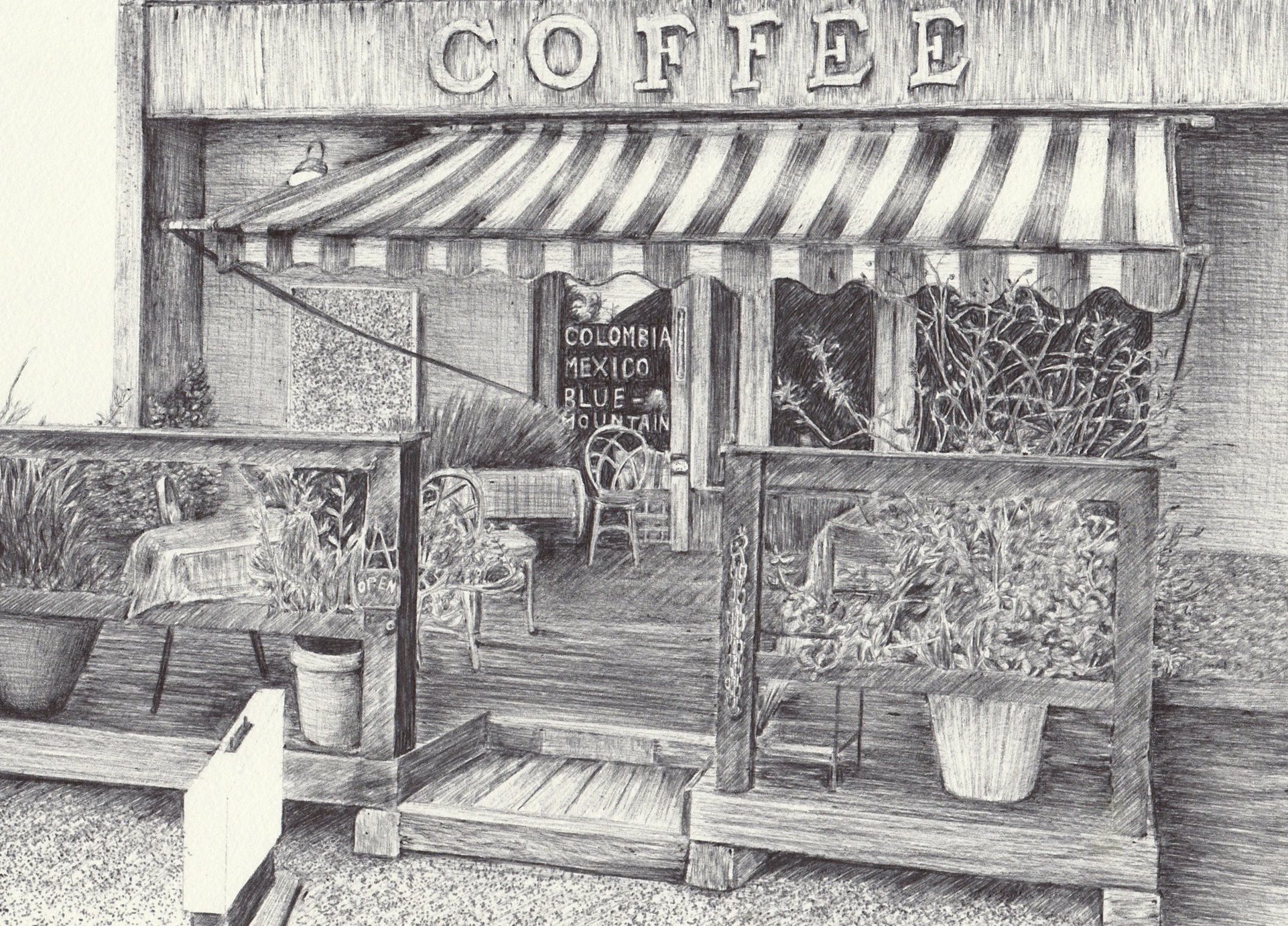 筧本生 ぺンデッサン『カフェでピンボールをする男』 かけいもとなり 1979年 筧 本生 - Motonari Kakei | 蔵丘洞画廊