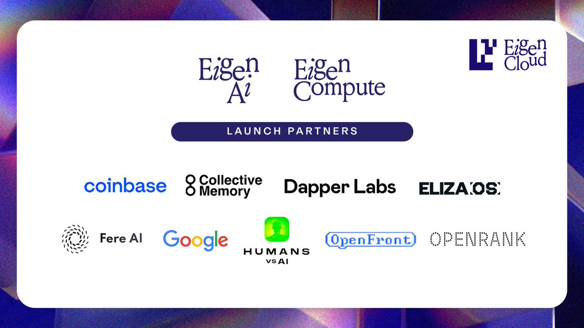 eigenlayer's tweet image. We launched EigenAI and EigenCompute on EigenCloud this week. 

And we didn’t launch alone, we launched with early partners already building with us:

☁️ @coinbase⁣
☁️ @Collective_memo⁣
☁️ @dapperlabs⁣
☁️ ElizaOS⁣
☁️ @fere_ai⁣
☁️ @google⁣
☁️ @humansvs_ai + @worldcoin⁣
☁️…
