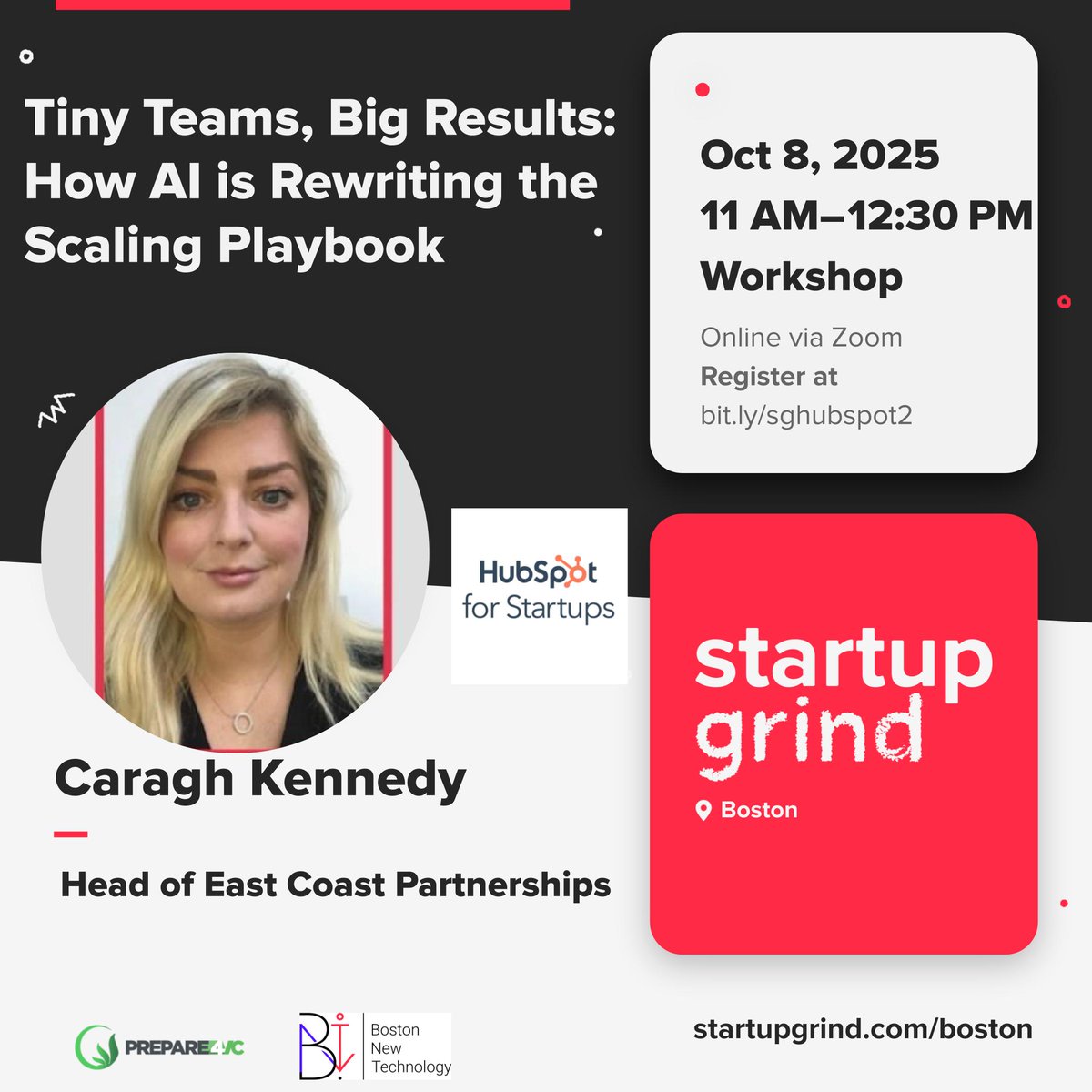 Join us this Wednesday October 8th for Tiny Teams, Big Results: How AI is Rewriting the Scaling Playbook. This webinar is in partnership with HubSpot For Startups led by Caragh Kennedy.

Join here: startupgrind.com/events/details…