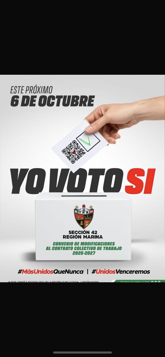 grupo_42's tweet image. Este 6 de octubre voto por mis derechos y prestaciones mi voto es SI, por la prosperidad de mi familia mi voto es SI y de la mano de nuestros líderes el Ing Aldana,@lgps03101 , @MarcoAzuara1 defendiendo siempre a nuestra H. @Seccion42_STPRM y nuestro CCT MI VOTO ES SI.