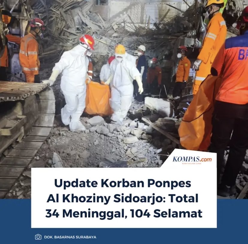 Total korban meninggal per pagi ini sudah mencapai 34 santri. 

Ini bukan sekadar takdir. Ini takdir yang terjadi karena kelalaian pihak pesantren. Analis dari ITS menyebut musala runtuh karena gagal/salah konstruksi. 

Karena itu, harus ada yang bertanggung jawab secara hukum.