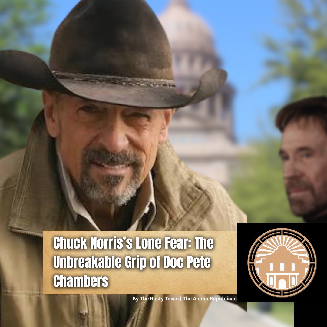RustyTexanTAR's tweet photo. Chuck Norris trembles at Doc Chambers’ iron grip, yet prays for his win to resurrect the Republic of Texas! 💪#DocForGovernor #AlamoRepublican @DocPete4Texas @DocPete4Texas https://t.co/wapjfiGb59