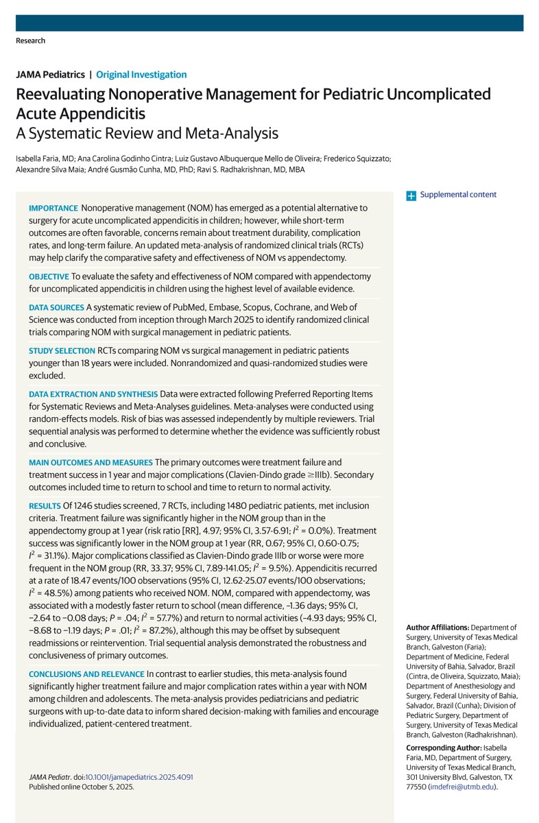 JAMAPediatrics's tweet image. Systematic review and meta-analysis: Nonoperative management led to higher treatment failure and major complications at 1 year versus #appendectomy in children with uncomplicated #appendicitis. 

#ACSCC25

ja.ma/46DNgYE