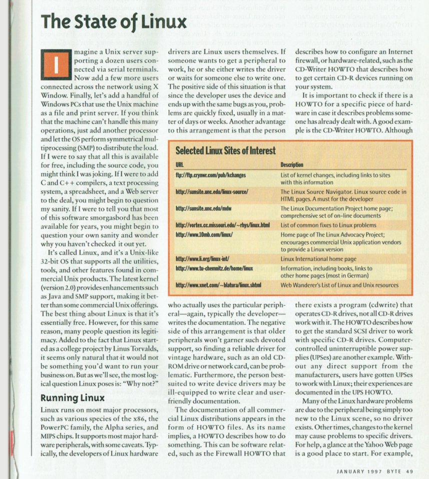 unix_byte's tweet image. In 1997, Linux was transitioning from a niche interest to a more widely recognized alternative to proprietary operating systems. Several articles in BYTE Magazine helped increase its visibility. In January 1997, Jim Mohr wrote a spirited article: “Imagine a Unix server supporting…