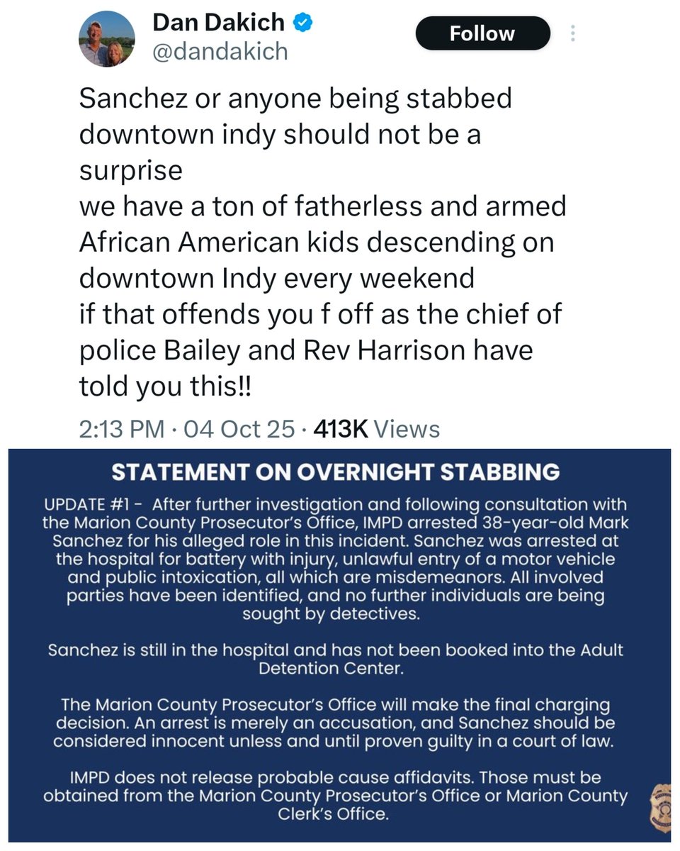 firstandpen's tweet photo. We see the racists like Dan Dakich have shown their ugly selves after Mark Sanchez was stabbed in Indianapolis, the always ignorant Dakich blaming it on "fatherless and armed African American kids".

Yet Sanchez has been arrested for his role in the incident, not Black kids.👇🏾🤡 https://t.co/z9V0PLvVoE