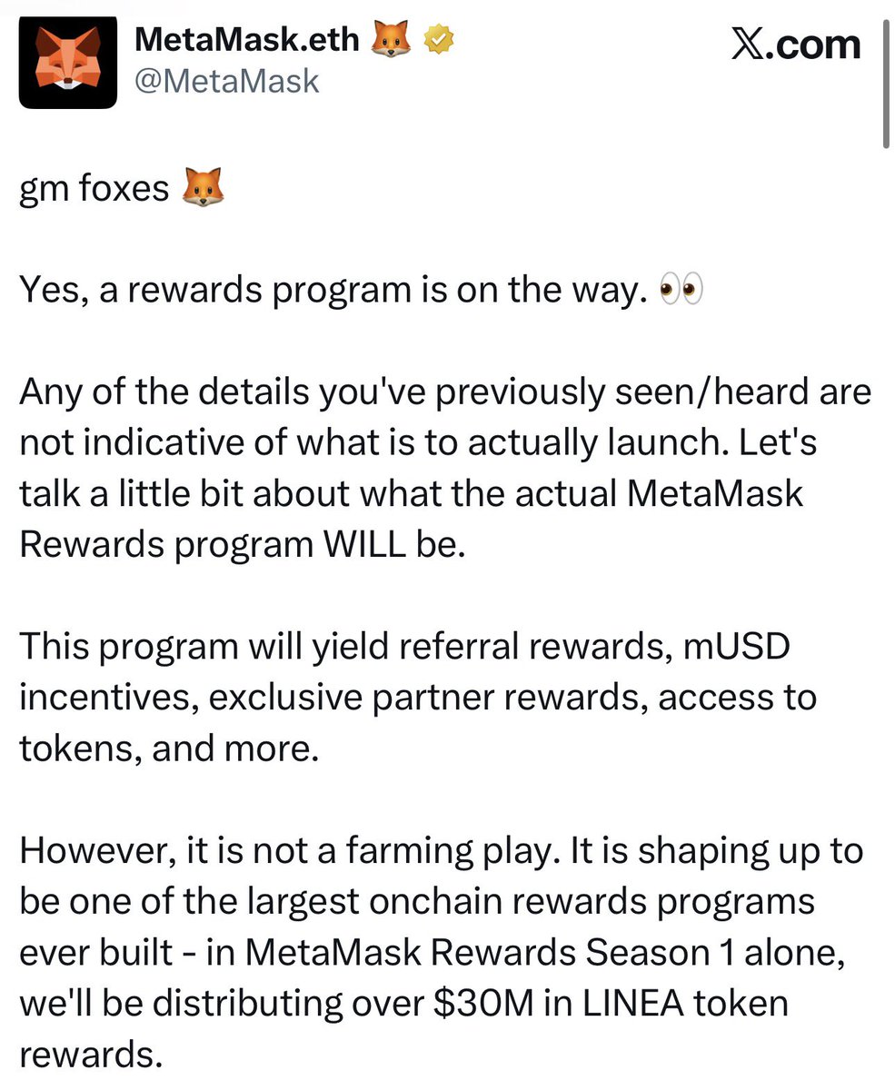 Metamask ra mắt chương trình thưởng onchain lớn nhất từng được xây dựng, mùa 1 sẽ phân phối đến 30 triệu USD token $LINEA cho cộng đồng. 

Theo Wublockchain: dựa theo GitHub của MetaMask-Mobile. Người dùng sẽ kiếm điểm dựa trên khối lượng giao dịch: 

•80