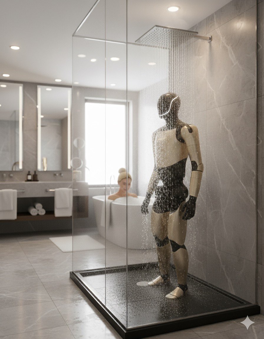 TeslaAIBot's tweet image. It’s been a long day, it’s time for a shower 👀
