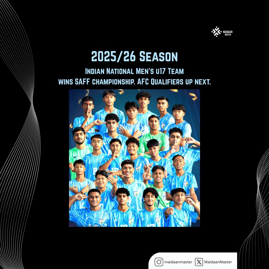 MaidaanMaster's tweet image. 🏆 Indian National Men’s U17 Team are the 2025 SAFF Champions! 🇮🇳💥
A dominant run ends in glory as the boys lift the regional title — next stop, the AFC U17 Asian Cup Qualifiers! 🔜⚽

#IndianFootball #SAFFU17 #BlueTigers