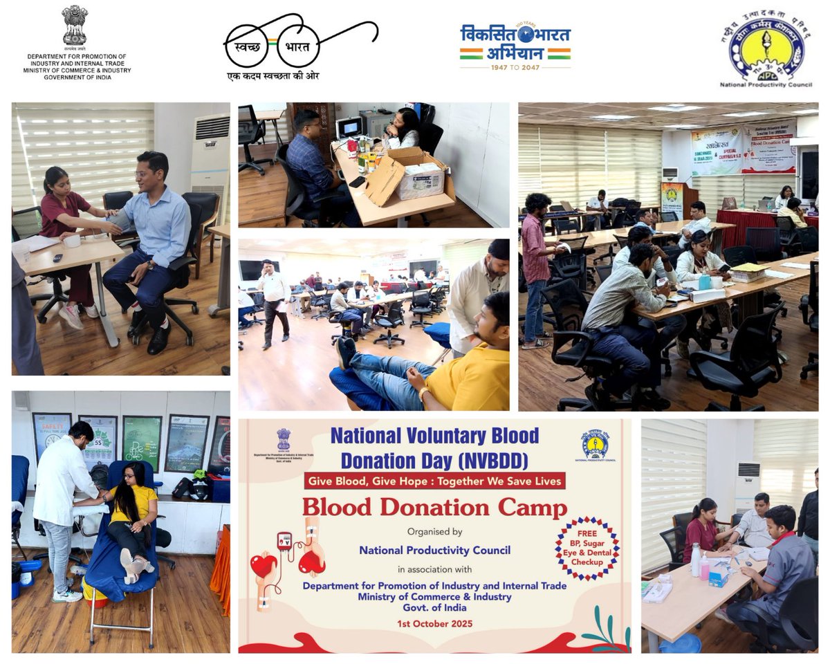 NPC_INDIA_GOV's tweet photo. National Voluntary Blood Donation Day (1st October 2025)
A Blood Donation Camp was organized on National Voluntary Blood Donation Day (1st October 2025) by the National Productivity Council in collaboration with the DPIIT, Ministry of Commerce &amp; Industry, Govt. of India. https://t.co/hBj6cgeLp5