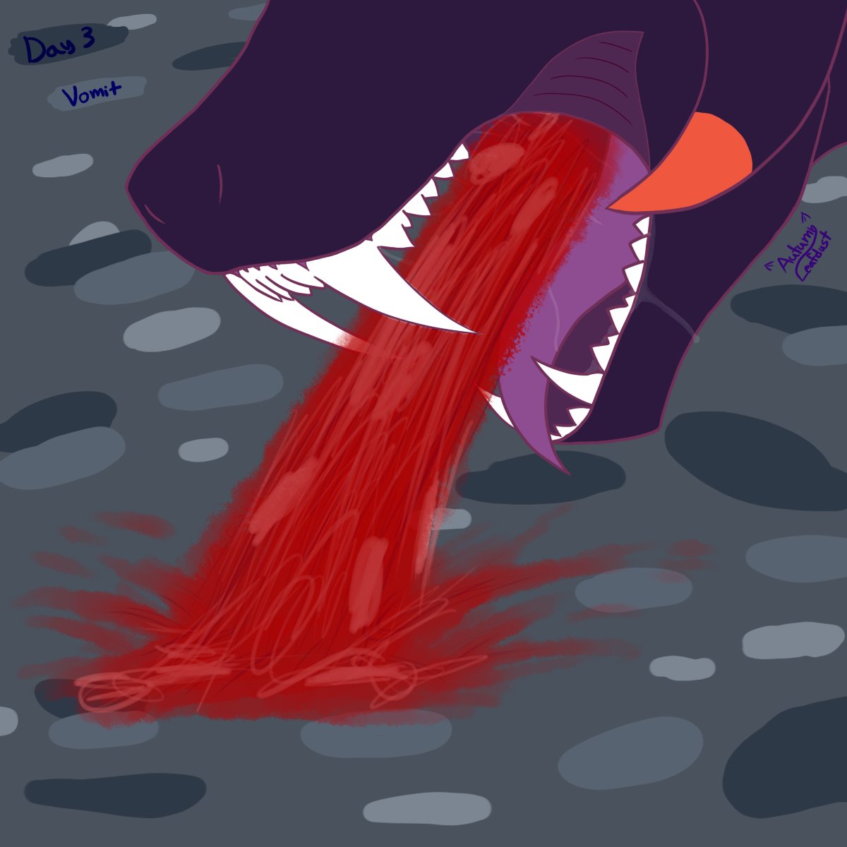 AutumnLeafdust's tweet photo. //Emeto, vomiting blood and meat chunks

#Goretober Day 3 - #Vomit
Cause I wanted to also practice sOMETHING in a sense
turns out muzzles are a bitch to draw like this, who would have guessed https://t.co/c18b4TrTZd