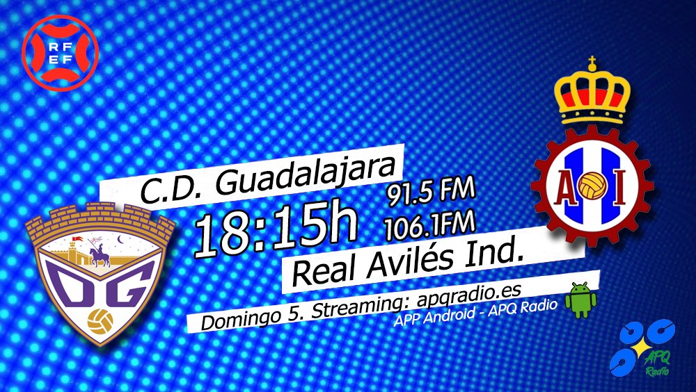 🔴HOY, EN LA BANQUETA DEPORTIVA🔴
🕑 18:15h (Previa desde las 18h)
🏟️ Pedro Escartín
⚽️ <a href="/deporguada/">C.D. Guadalajara 🟣⚪️</a> 🆚 <a href="/RealAvilesInd/">Real Avilés Industrial</a> 
🎙️ <a href="/CESARLEOGARCIA/">CESAR CONSTANTINO</a> 
📻 91.5 - 106.1FM Asturias
🖥️ apqradio.es
📱 bit.ly/3oFv0HI