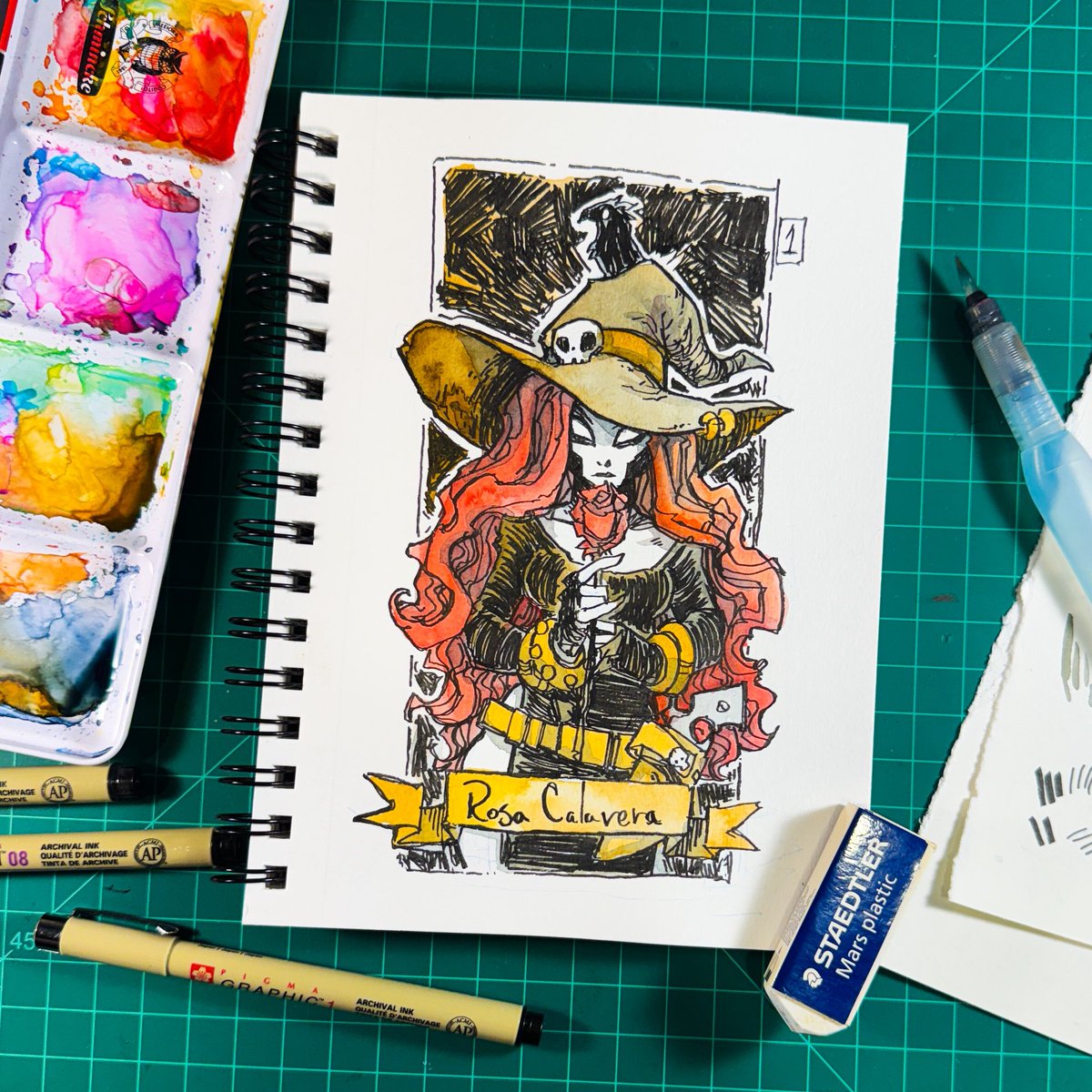 AvocadoMolotov's tweet photo. Inktober 2025 day 1
Calaveratober: Rosa Calavera

I know I'm extra late, but I'm super happy with the way this one came out. She's sort of like a cowboy witch.

#inktober #witch #cowboyaesthetic #contry #rose #ink #ArtistOnTwitter #fypage https://t.co/df86lQJZdB