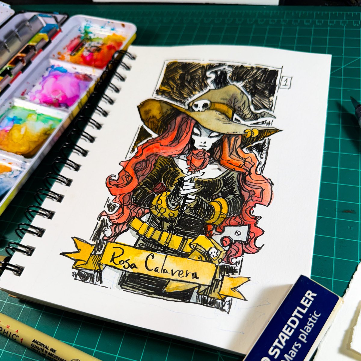 AvocadoMolotov's tweet photo. Inktober 2025 day 1
Calaveratober: Rosa Calavera

I know I'm extra late, but I'm super happy with the way this one came out. She's sort of like a cowboy witch.

#inktober #witch #cowboyaesthetic #contry #rose #ink #ArtistOnTwitter #fypage https://t.co/df86lQJZdB