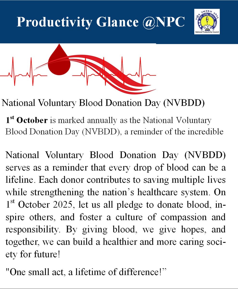 NPC_INDIA_GOV's tweet image. National Voluntary Blood Donation Day (NVBDD) serves as a reminder that every drop of blood can be a lifeline. Each donor contributes to saving multiple lives while strengthening the nation’s healthcare system.