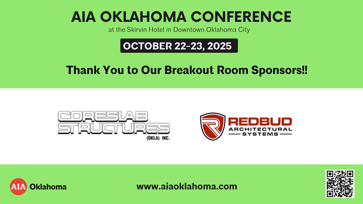 AIAOklahoma's tweet photo. A big thank you to our WiFi and Breakout Room Sponsors! Register it at https://t.co/lHsvBPQcxh #aiaok25 #UnchartedHorizons #architecture #architects #design #okc #skirvin https://t.co/aOhj0SSVKw
