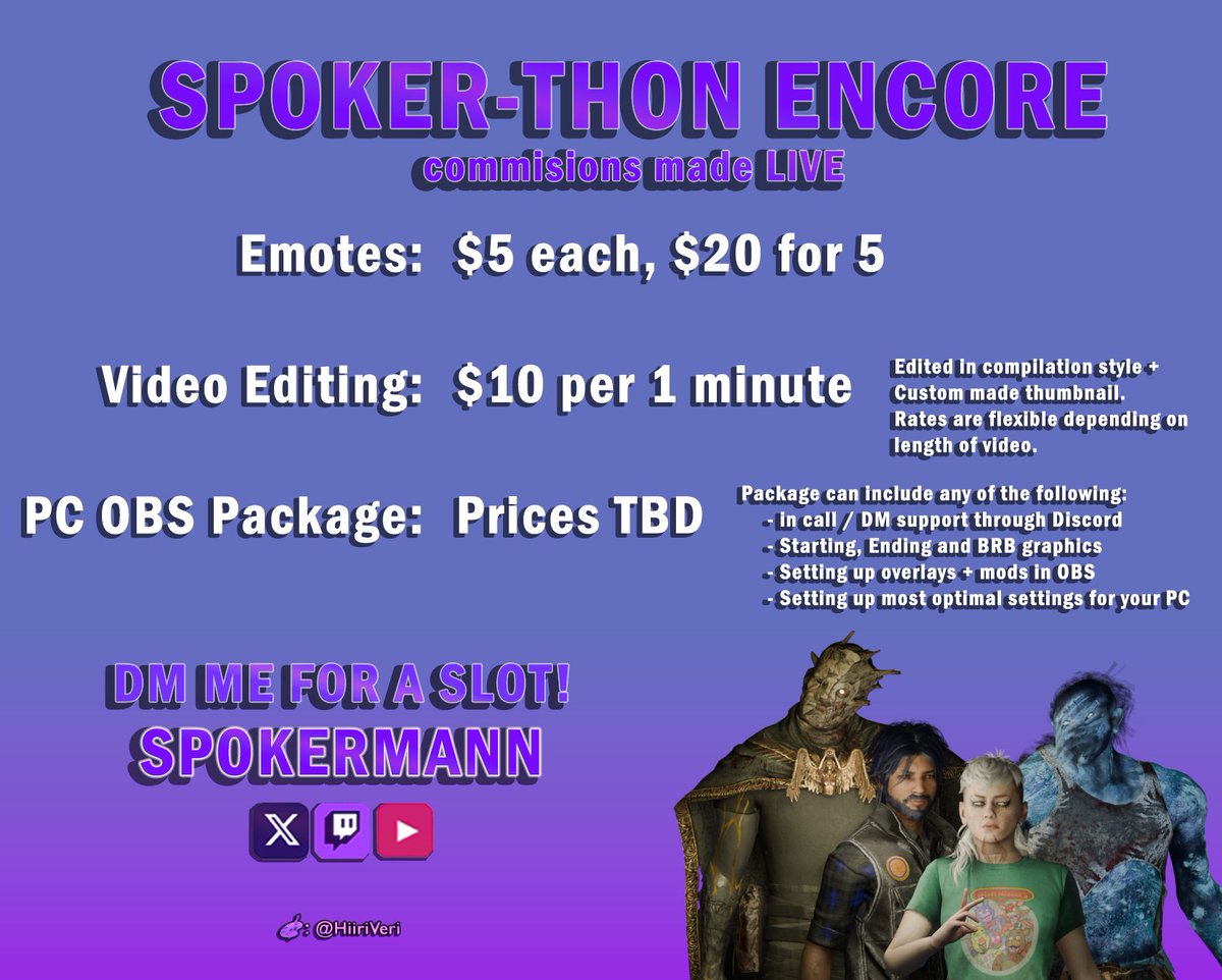 gotta raise a lil more to help make sure America trip goes smoothly, so im DOING AN ENCORE!

Starting Nov 10, ill work on c0mms / spokerthon rewards LIVE

DM ME if you would like a slot :3