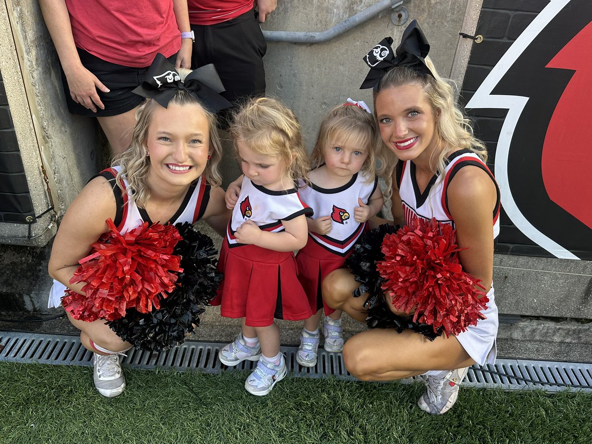 Allegedly the twins were on the big screen at the game today. Their favorite part of any football game we take them to is the cheerleaders. Don’t let those faces fool ya. 

Big thank you to these girls for making my girls afternoon! <a href="/GoCards/">Louisville Athletics</a>