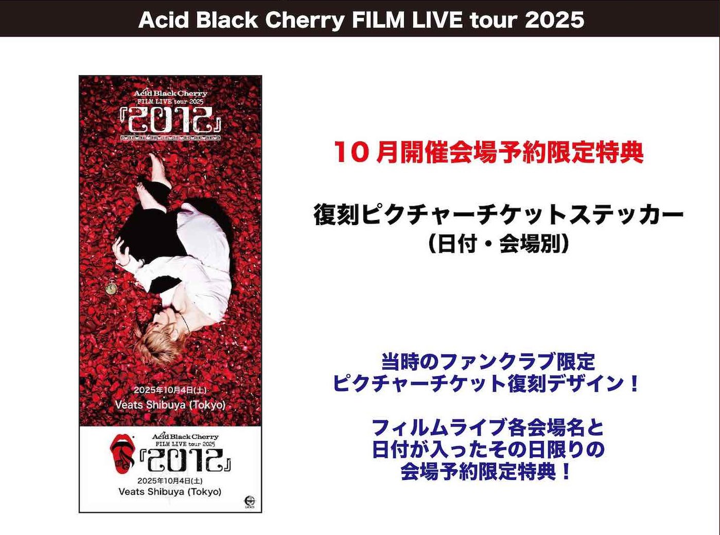 Acid Black Cherry チケット半券【レア・貴重】アリーナ最前列 Acid Black Cherry チケット半券【レア・貴重】アリーナ最前列