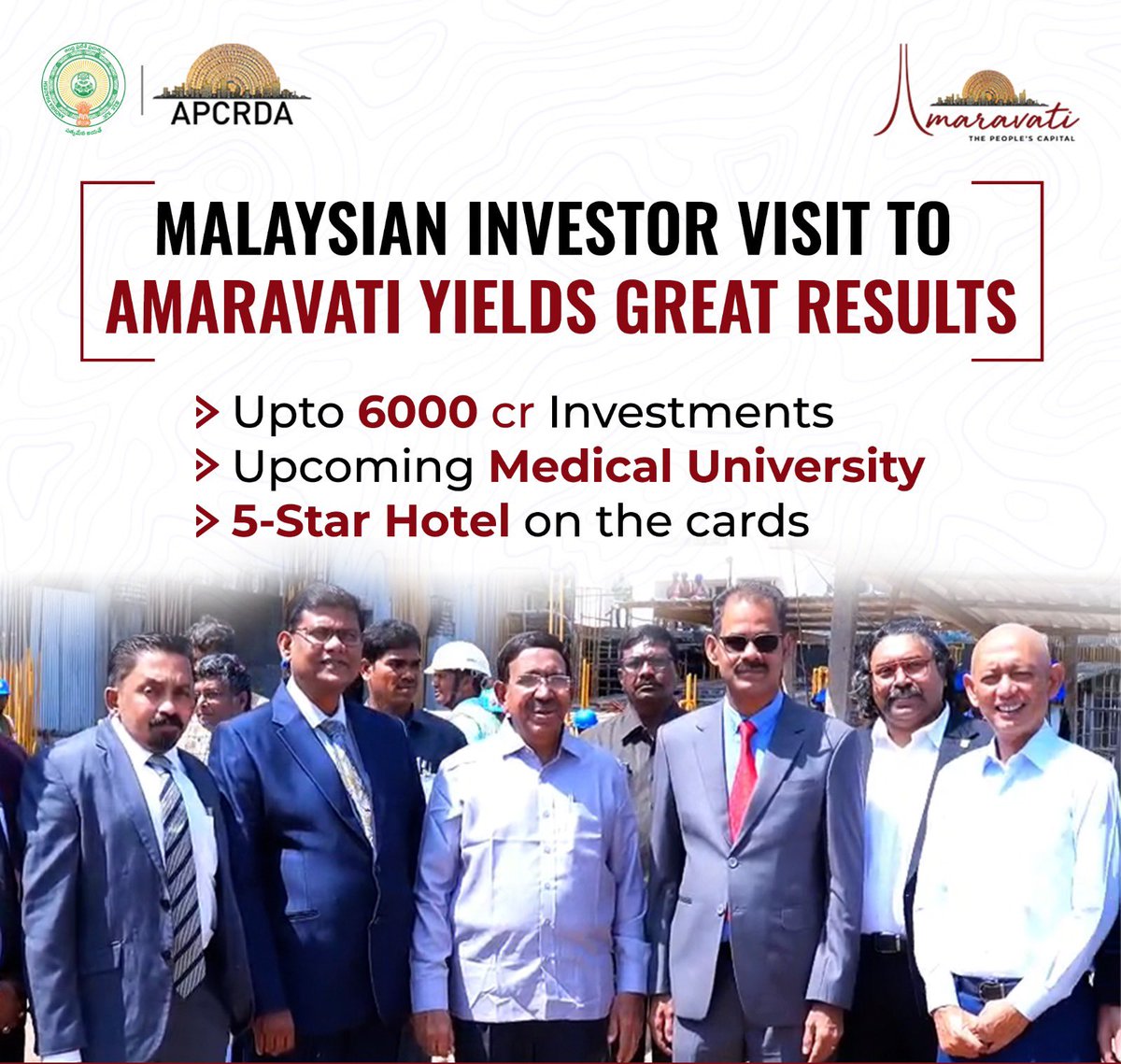 MissionAndhra's tweet photo. Amaravati attracts global attention
•Malaysian investors to launch major projects in the People’s Capital.
•Focus on infrastructure, urban development, and long-term partnerships.
•Reinforcing Amaravati’s rise as a global investment destination.

#InvestInAmaravati #PeoplesCapital #PrajaRajadhani #APCRDA #AndhraPradesh