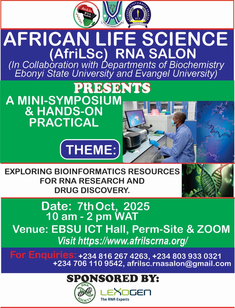 afrilScrna's tweet photo. Coming Soon!
This Tuesday, October 7, 2025, scholars will gather onsite and virtually to attend the the 6th in Africa and 3rd Edition in Nigeria, Symposium of the African Life Science RNA Salon. Don't miss out! @RNASociety @lexogen @Agupeterchine1 @KehindeRoss @RNACollaborative https://t.co/OEAhSD3a7R