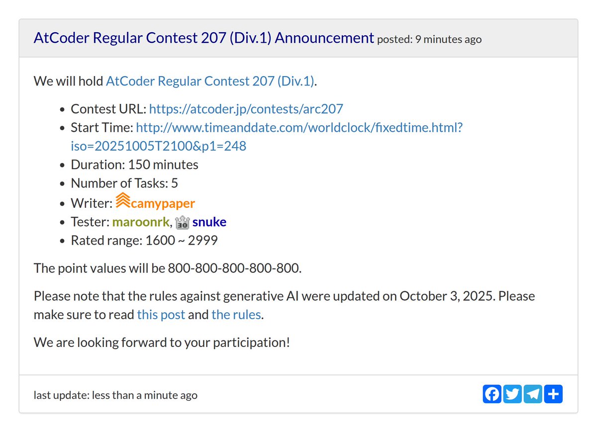 AtCoderInfoBot's tweet image. お知らせが更新されました
AtCoder Regular Contest 207 (Div.1) Announcement
atcoder.jp/posts/1571