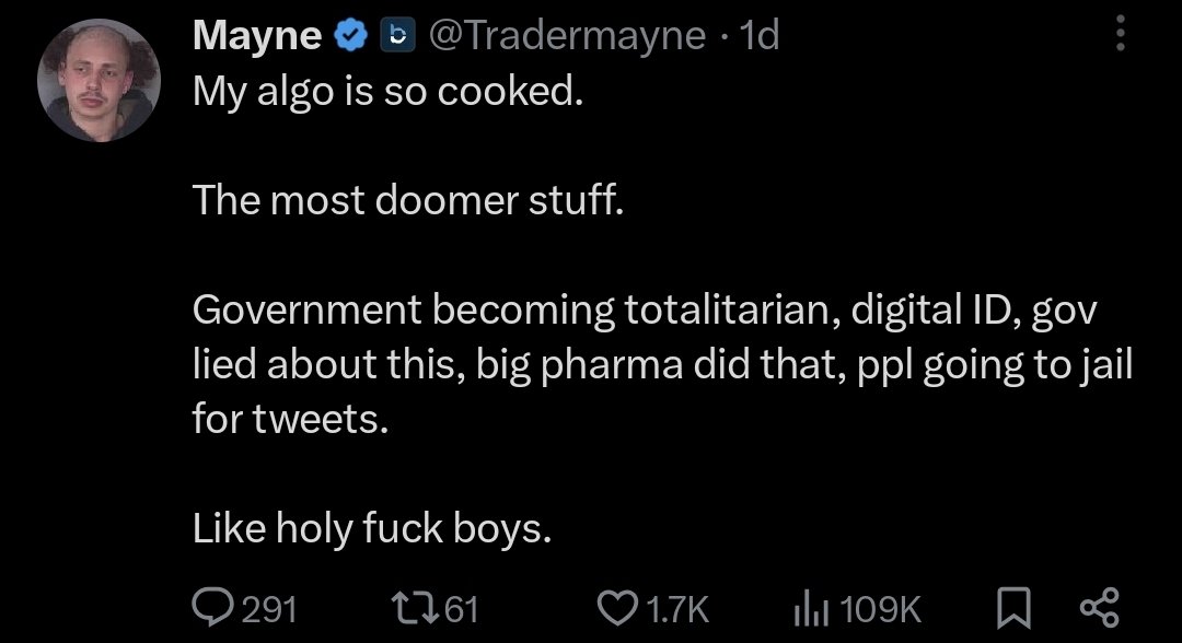 cryptonator1337's tweet image. Listen up.
It's 2025.
If you still didn't realize in what kind of world we live in, you most likely never will, meaning that your future is already cooked.
'dOoMeR sTufF', no, that's reality, and people like me have warned you for over a decade.