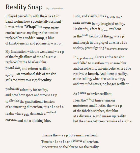 RustyWa88187240's tweet photo. "Reality Snap" #vss365 #prompt #elastic #poem #poetry #poetrycommunity #writing #WritingCommunity #sestina https://t.co/mJ7aLks9Xz