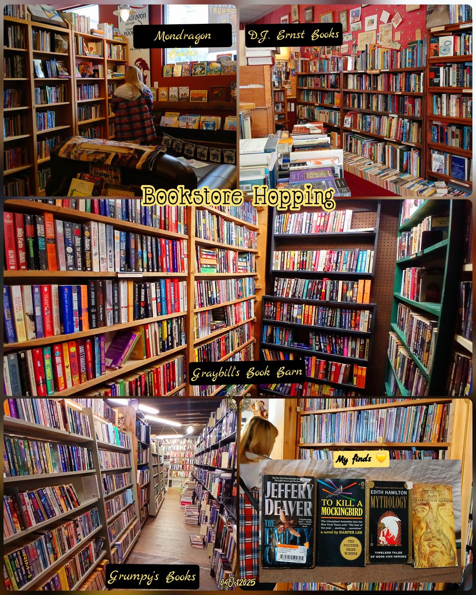 yuchaemoon's tweet photo. My sis-in-law and I went bookstore hopping today! We visited four used bookstores and one new one. I was in heaven for six hours! 😅 If only I could stay longer cos I could sniff the books all day! 🤣 

#booklover #bookworm #bibliophile #bookishlove #bookislife #bookcommunity https://t.co/snSxLlIRXQ