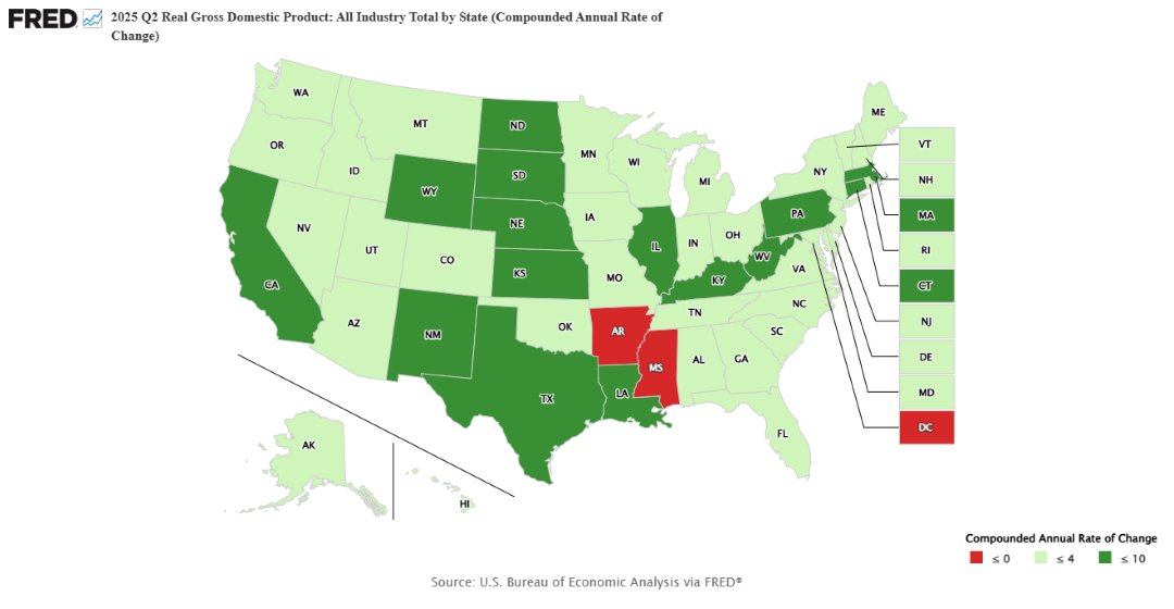 How much did your state’s economy grow in the second quarter? Check the FRED Blog’s map of data from <a href="/BEA_News/">BEA News</a> bit.ly/4mLNK3A