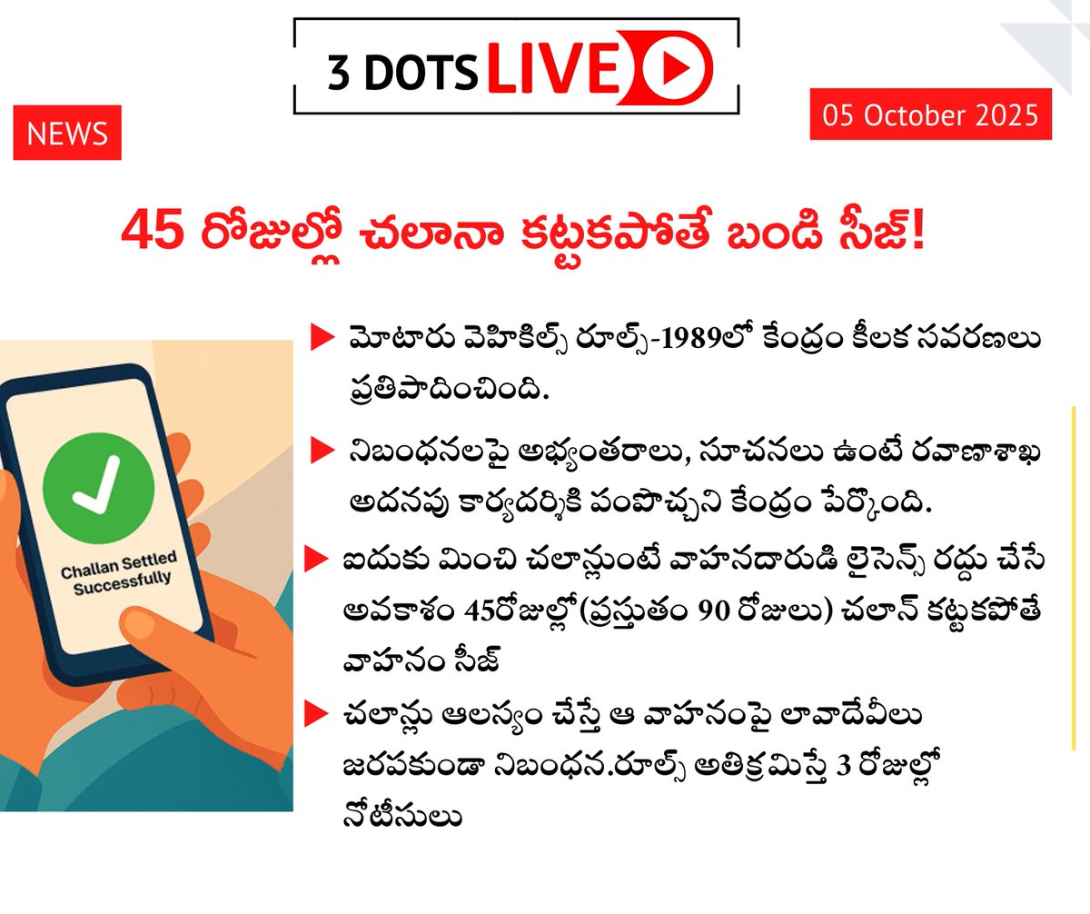 3DotsLive's tweet image. 45 రోజుల్లో చలానా కట్టకపోతే బండి సీజ్  

#Challan #Vehicle #Government