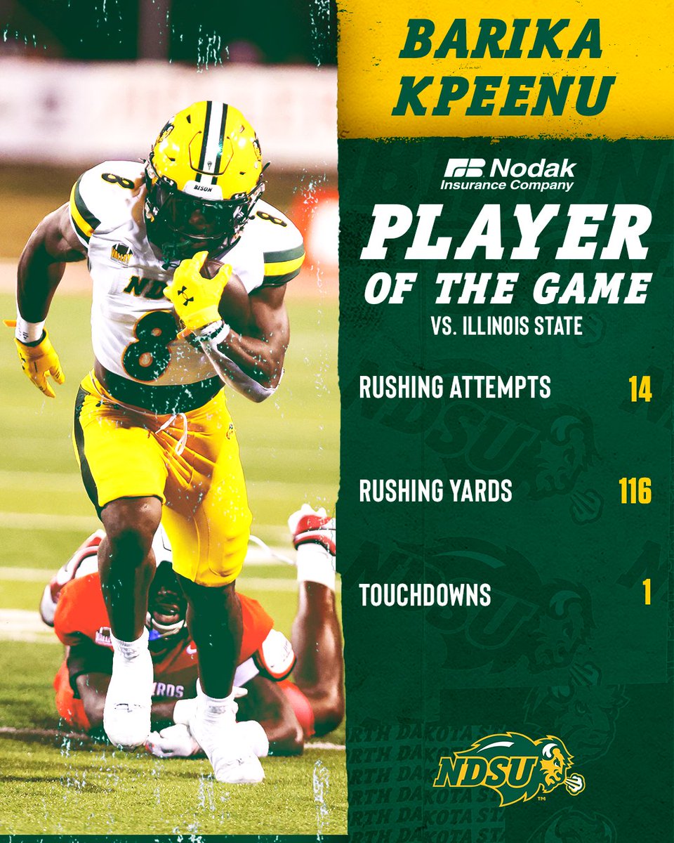 NDSUfootball's tweet photo. Barika Kpeenu is tonight's Nodak Insurance Company Player of the Game. Kpeenu rushed for a season-high 116 yards including a 42-yard touchdown to give NDSU the lead in the second quarter. https://t.co/VJrRmOwSmF