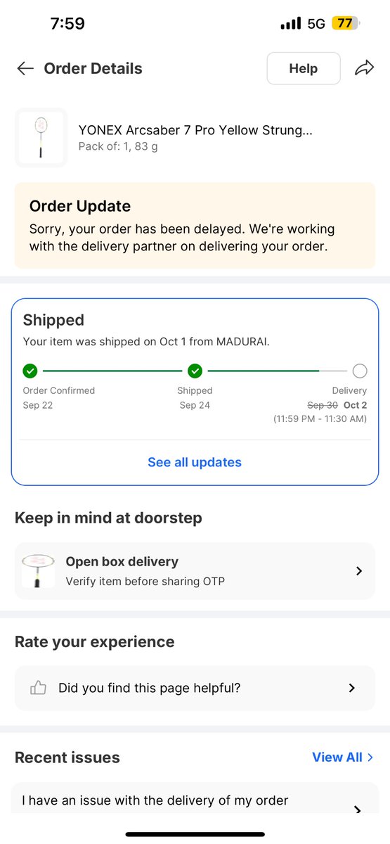 hpbrokeout's tweet photo. Hello all , I am a flipkart plus , I ordered Yonex Arcsaber 7 pro on Sept 22, #BigBillionDays in which promised delivery date was on Sept 30. But order was delayed to Oct 1 and till now as of on Oct 5, 2025 . Order has been in hub
OD335539964323632100 @flipkartsupport @Flipkart https://t.co/P0GgjDXDfC