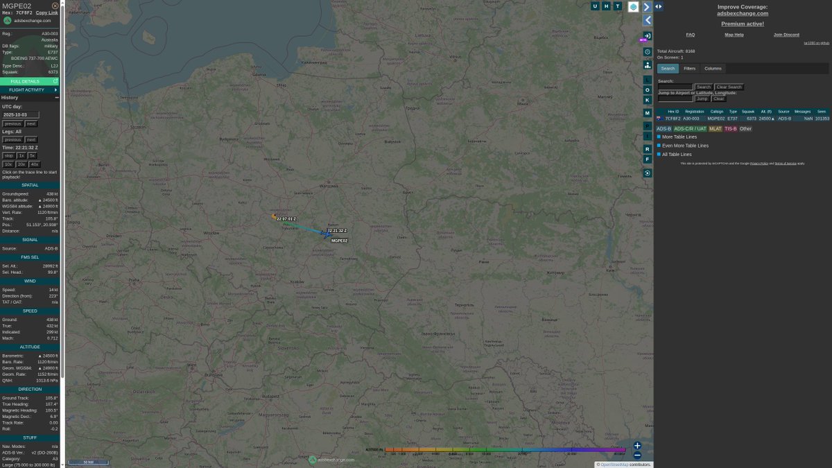 steffanwatkins's tweet photo. @RealestMercury @sentdefender π¦πΊ RAAF E-7A Wedgetail A30-003 #7CF8F2 seems to turn off Mode-S/ADS-B Out every time they fly, so it seems normal for them; still notable! They're keeping an eye on things. The F-35 is weird, it's still configured with the defaults, fresh from the factory. Huh. π€·ββοΈ https://t.co/yxx6bEnrVG