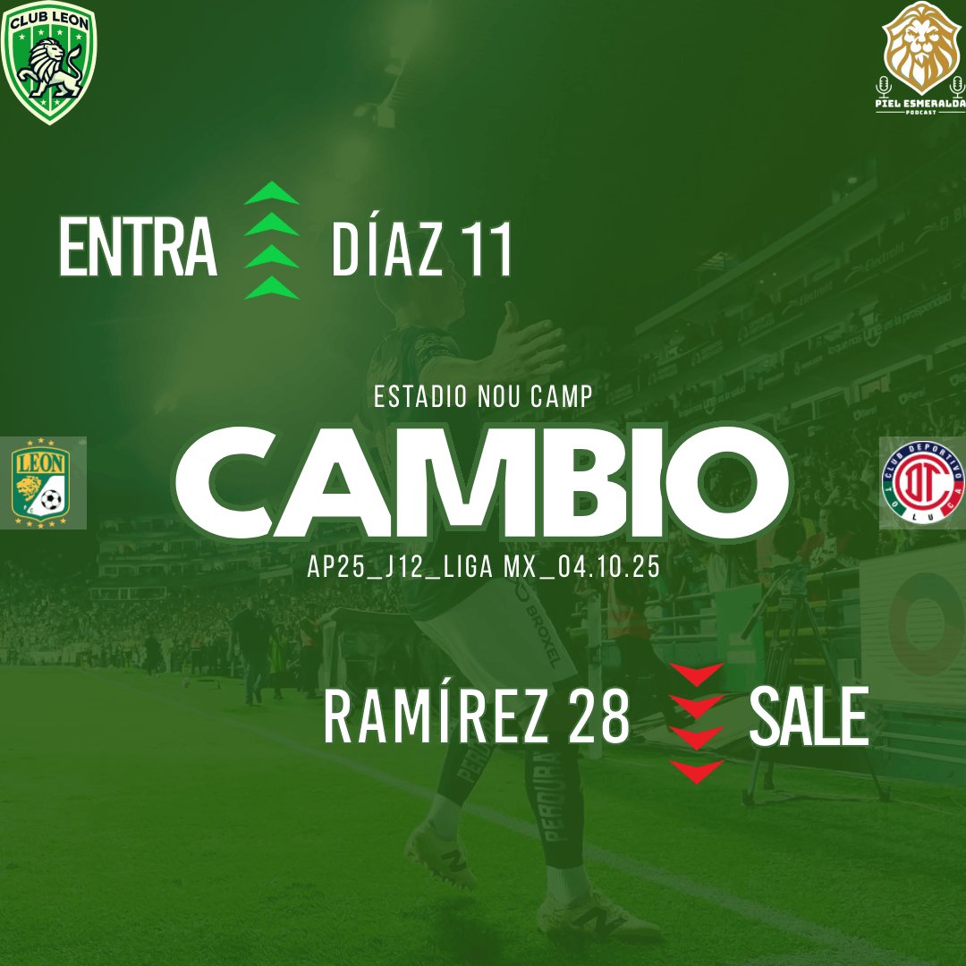🔁 Cambio en la Fiera »

⚙️ Ajuste desde la banca buscando mayor equilibrio.
⏱️ 72’ | Leon 2-3 Toluca 

#PielEsmeralda #DaleLeón