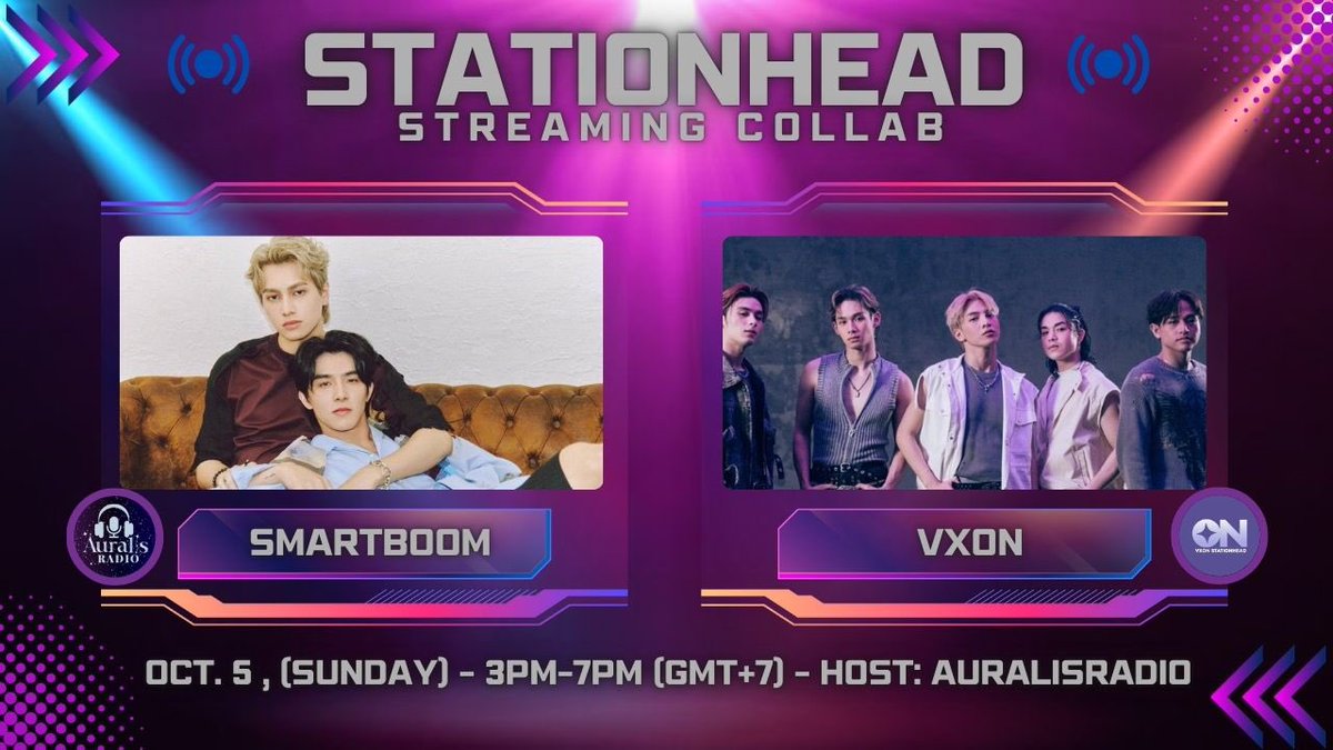 🎧 STREAM COLLAB ALERT!🚨 

Auralis, join our streaming collab with <a href="/vxonstationhead/">VXON Stationhead</a> on <a href="/STATIONHEAD/">STATIONHEAD</a>!

🗓️ Oct. 05
🕓 3PM-7PM (GMT+7)
📻 stationhead.com/auralisradio

#สมาร์ทบูม #SmartBoom #Auralis
#VXON #Vixies