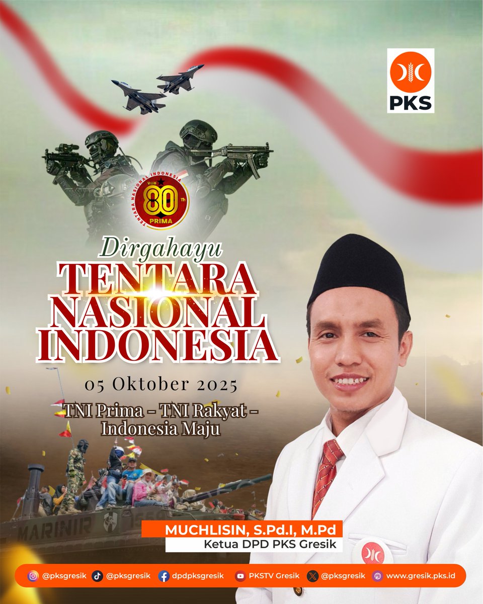pksgresik's tweet image. Dirgahayu Tentara Nasional Indonesia ke-80

Semoga TNI senantiasa menjadi garda terdepan dalam mempertahankan NKRI dan mengayomi rakyat dengan semangat juang yang tak pernah padam.

#pkspembelarakyat #pks
