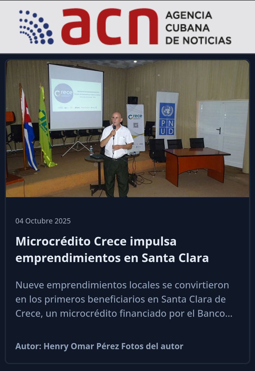 Nueve emprendimientos se convirtieron en los primeros beneficiarios en Santa Clara de Crece,un microcrédito financiado por el <a href="/CubaBPA/">Banco Popular de Ahorro, Cuba</a>  diseñado para apoyar el desarrollo de pequeños negocios,agradecemos su presencia en Villa Clara 
Información en el link acn.cu/economia/micro…